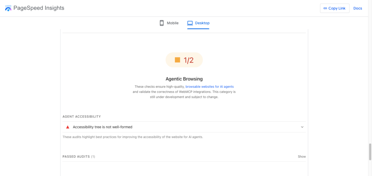 PageSpeed Insights — it inherited the Agentic Browsing
