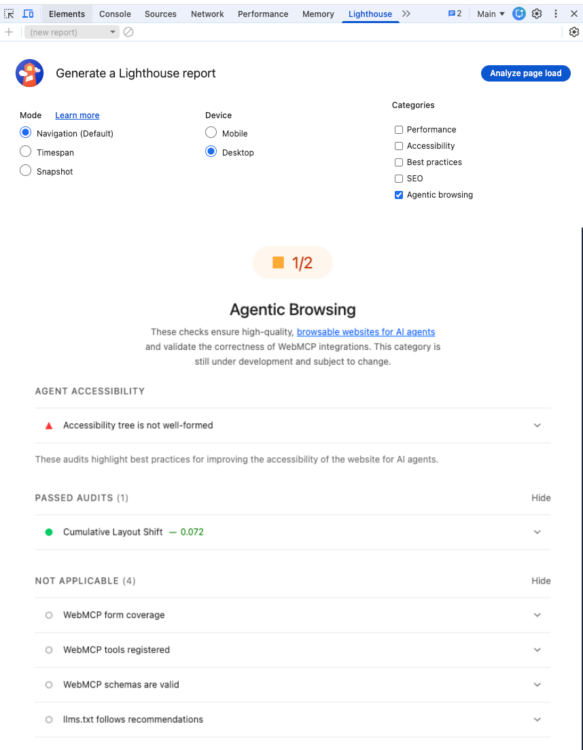 Google Lighthouse AI agent test