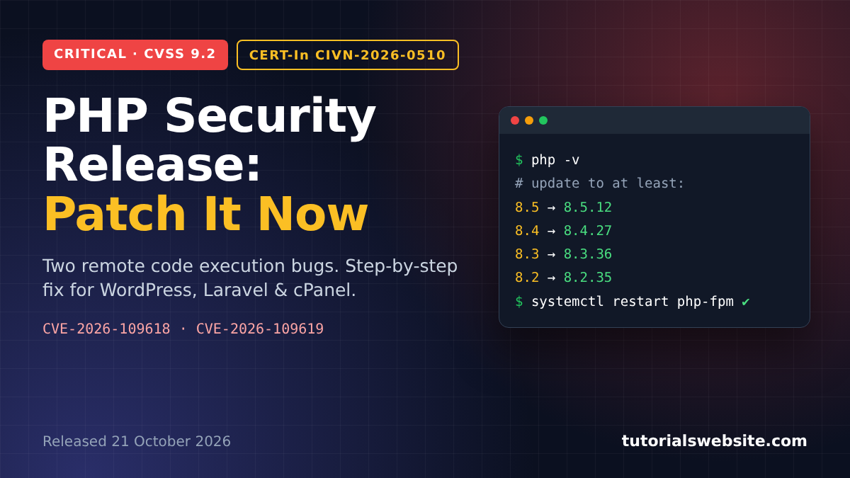 PHP security release October 2026 banner showing patched versions 8.5.12, 8.4.27, 8.3.36 and 8.2.35 with CERT-In CIVN-2026-0510 critical alert